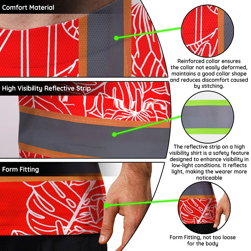 Hi Vis Shirt Reflective Tapes Red Neon Flowers Custom Name Safety Workwear For Workers, Truckers, Operators