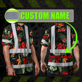 Hi Vis Shirt Reflective Tapes Red Neon Flowers Custom Name Safety Workwear For Workers, Truckers, Operators