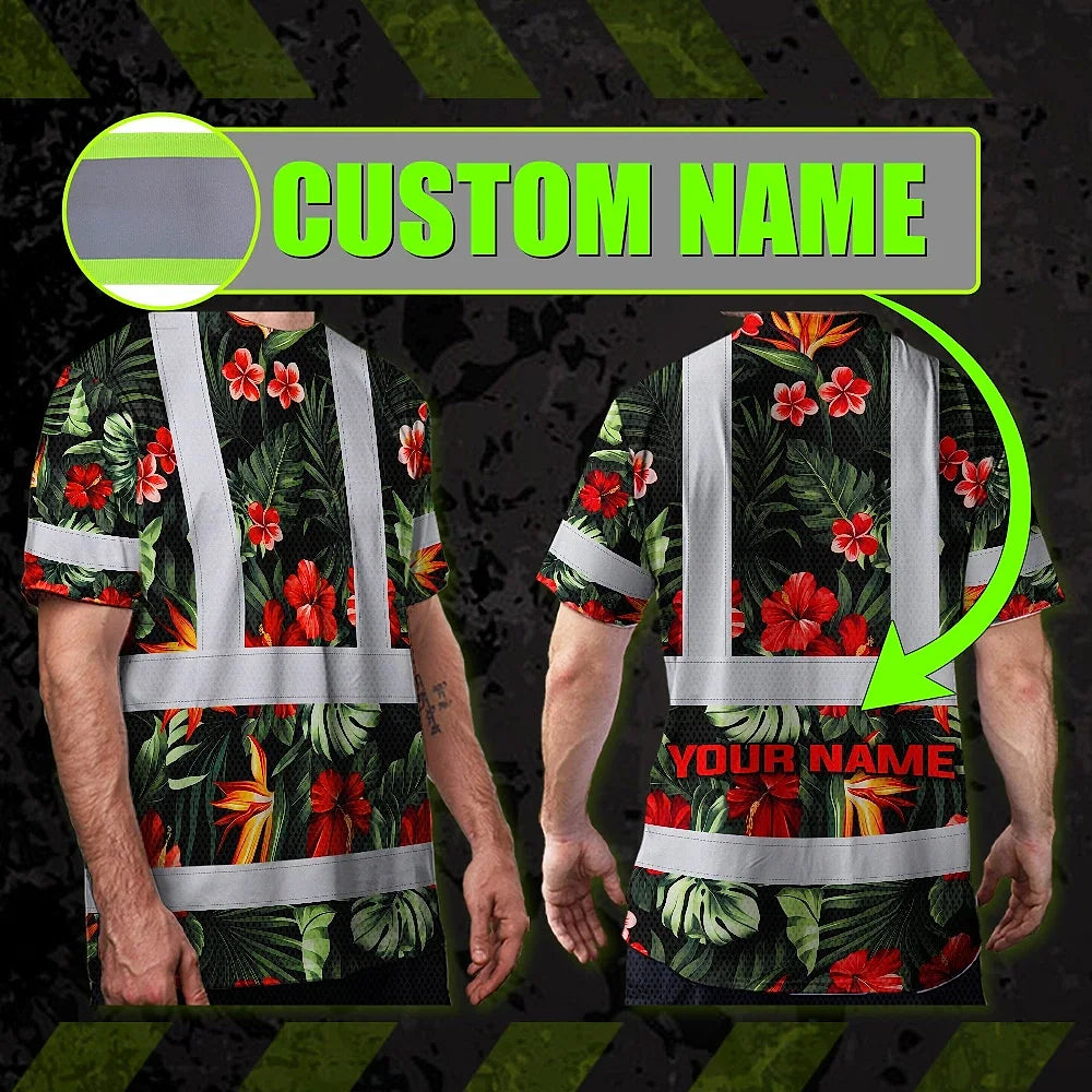 Hi Vis Shirt Reflective Tapes Red Neon Flowers Custom Name Safety Workwear For Workers, Truckers, Operators
