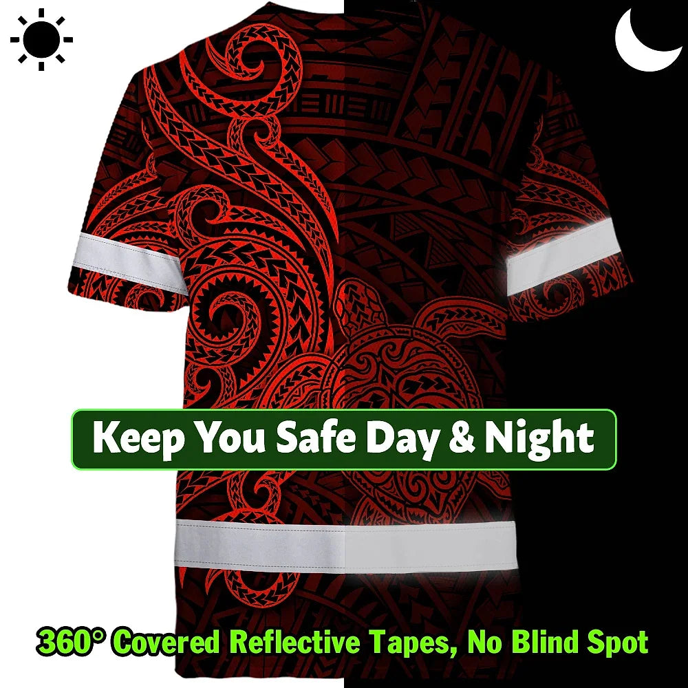 Hi Vis Shirt Reflective Tapes Red Neon Polynesian Custom Name Safety Workwear For Workers, Truckers, Operators