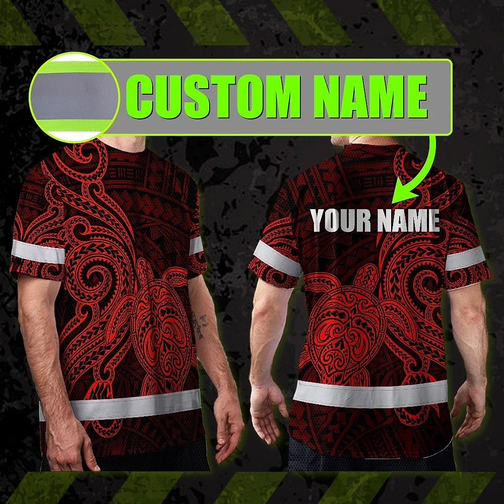Hi Vis Shirt Reflective Tapes Red Neon Polynesian Custom Name Safety Workwear For Workers, Truckers, Operators