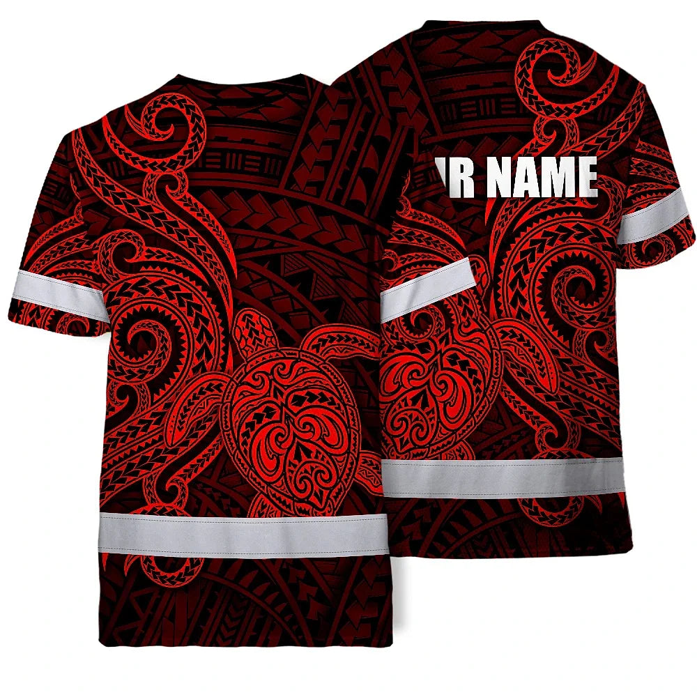 Hi Vis Shirt Reflective Tapes Red Neon Polynesian Custom Name Safety Workwear For Workers, Truckers, Operators
