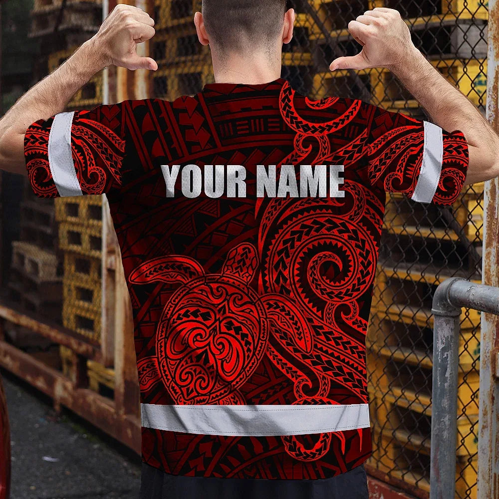 Hi Vis Shirt Reflective Tapes Red Neon Polynesian Custom Name Safety Workwear For Workers, Truckers, Operators