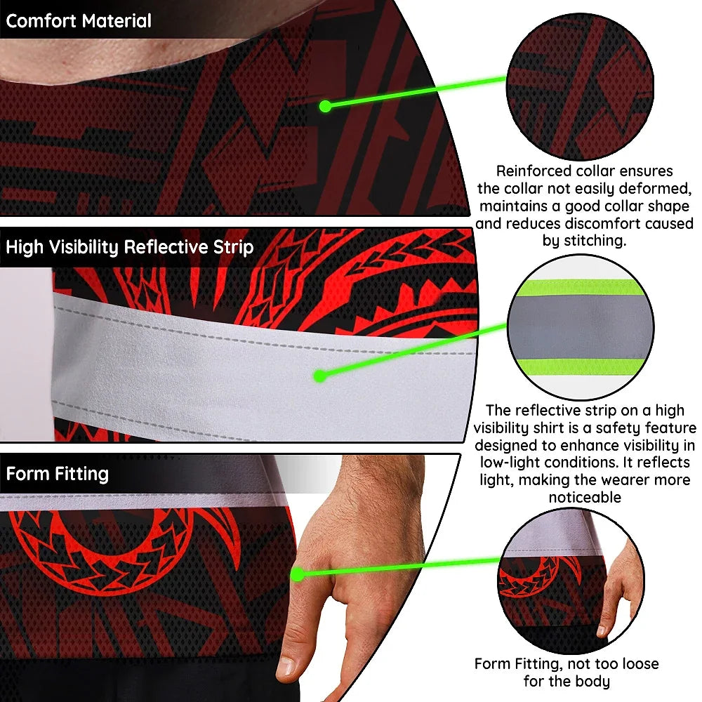 Hi Vis Shirt Reflective Tapes Red Neon Polynesian Custom Name Safety Workwear For Workers, Truckers, Operators