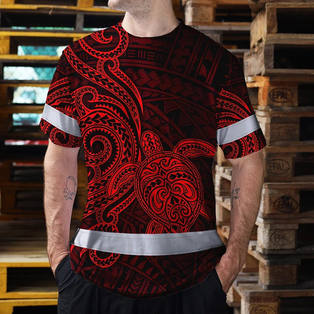 Hi Vis Shirt Reflective Tapes Red Neon Polynesian Custom Name Safety Workwear For Workers, Truckers, Operators
