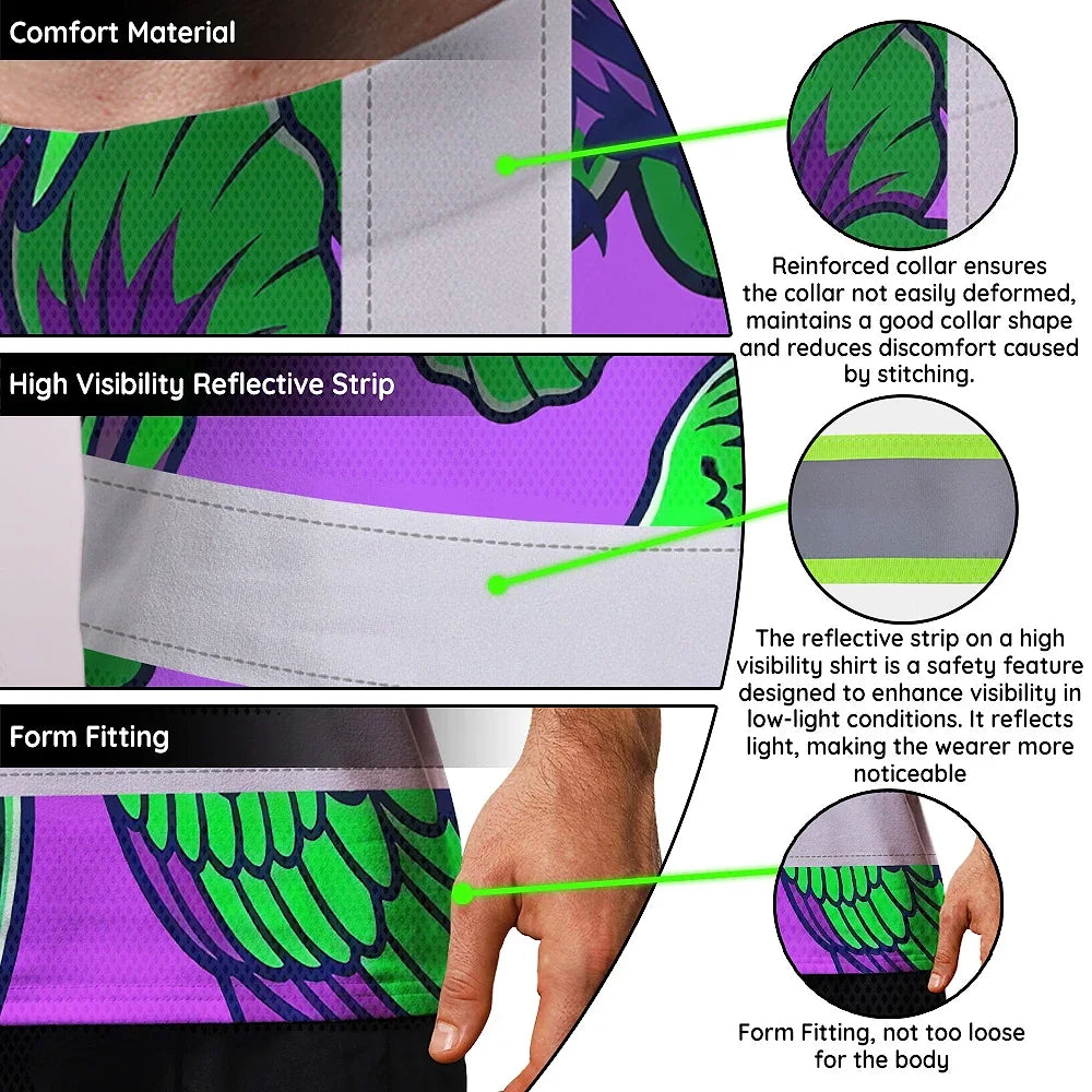Hi Vis Shirt Reflective Tapes Violet Green Parrot Custom Name Safety Workwear For Workers, Truckers, Operators