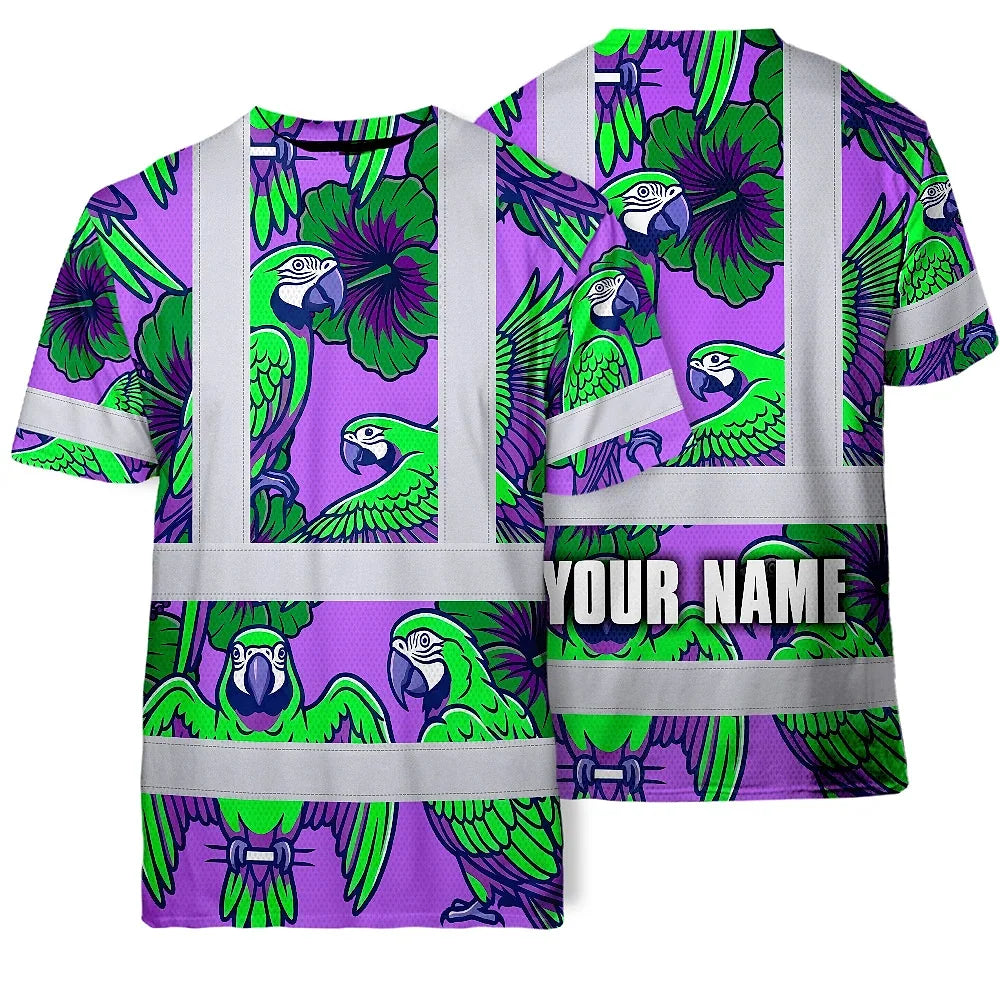 Hi Vis Shirt Reflective Tapes Violet Green Parrot Custom Name Safety Workwear For Workers, Truckers, Operators