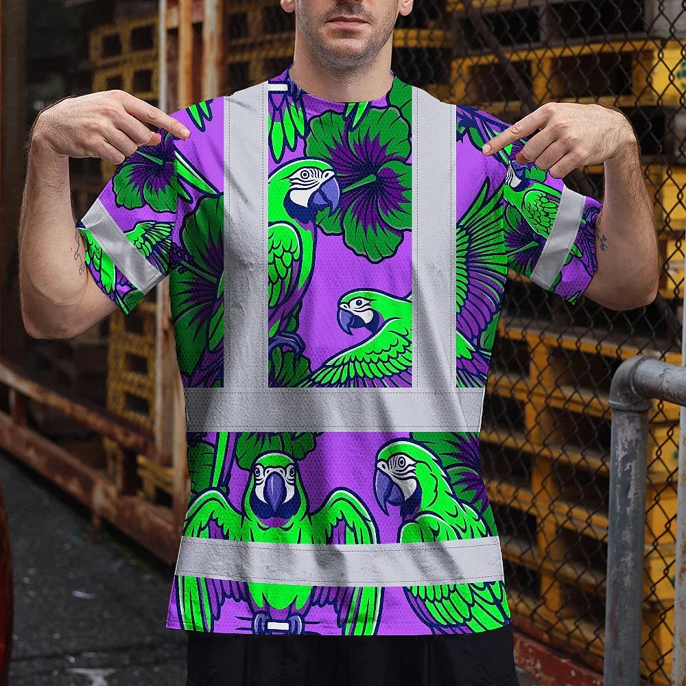 Hi Vis Shirt Reflective Tapes Violet Green Parrot Custom Name Safety Workwear For Workers, Truckers, Operators