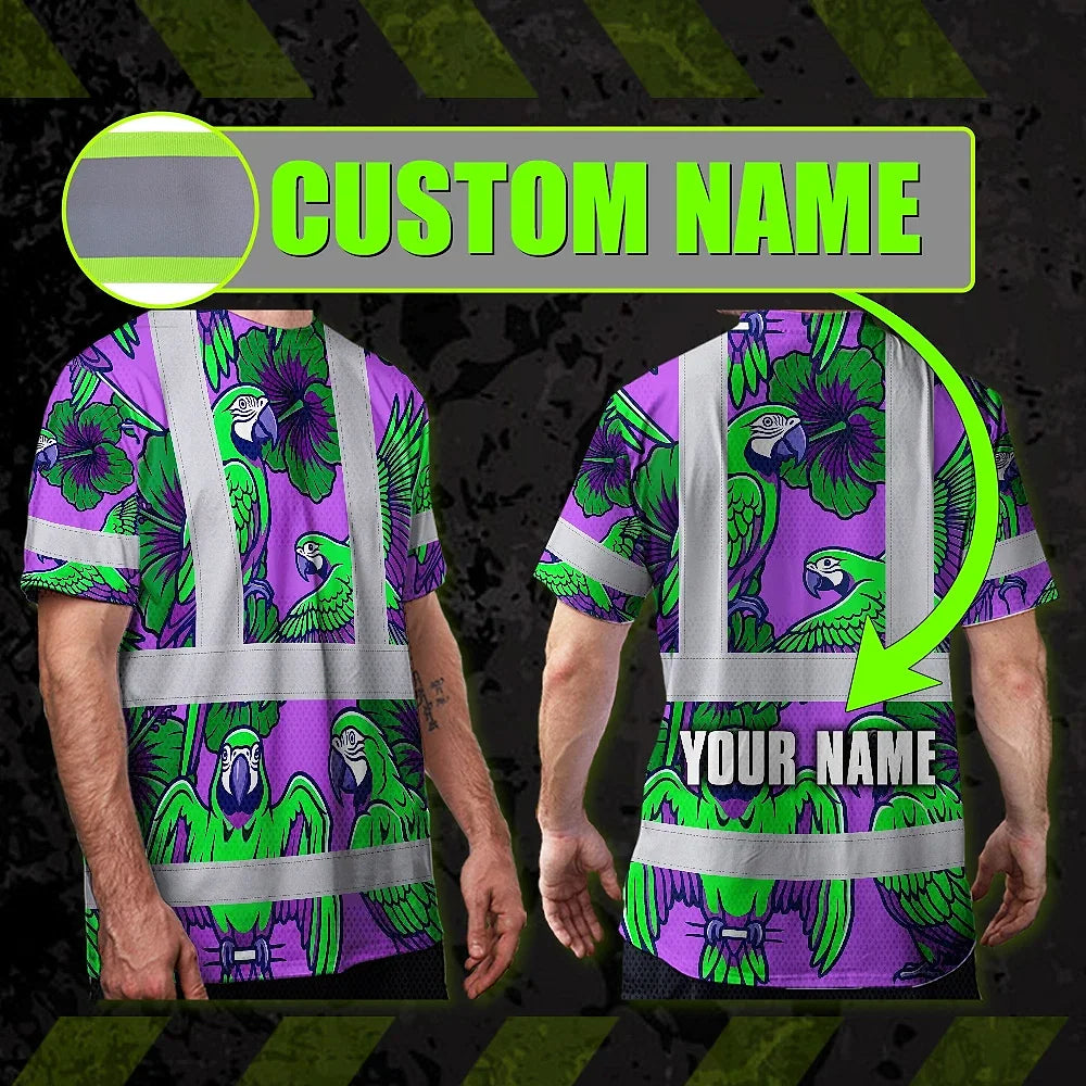Hi Vis Shirt Reflective Tapes Violet Green Parrot Custom Name Safety Workwear For Workers, Truckers, Operators