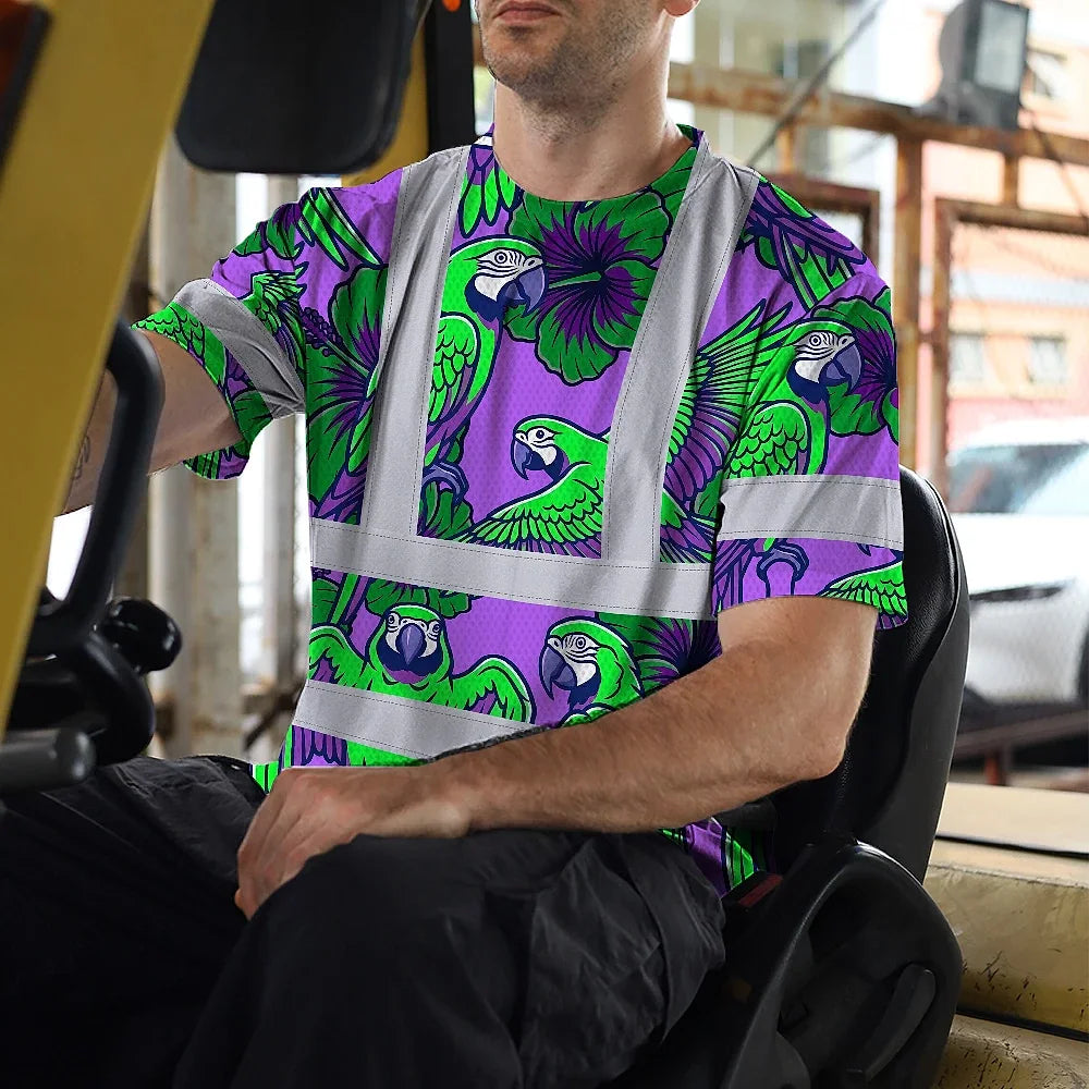 Hi Vis Shirt Reflective Tapes Violet Green Parrot Custom Name Safety Workwear For Workers, Truckers, Operators