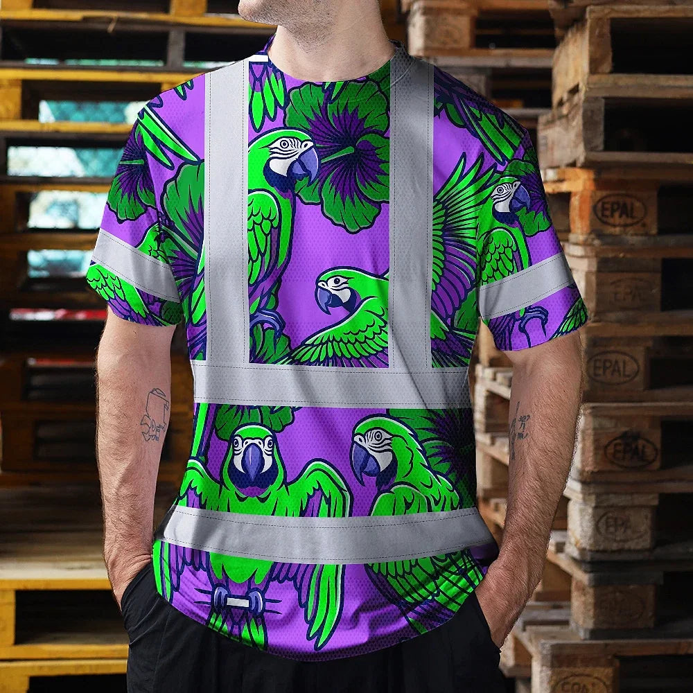 Hi Vis Shirt Reflective Tapes Violet Green Parrot Custom Name Safety Workwear For Workers, Truckers, Operators