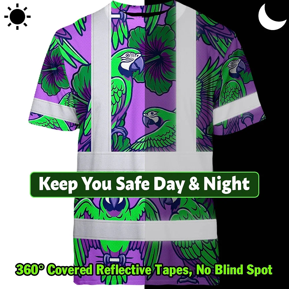 Hi Vis Shirt Reflective Tapes Violet Green Parrot Custom Name Safety Workwear For Workers, Truckers, Operators