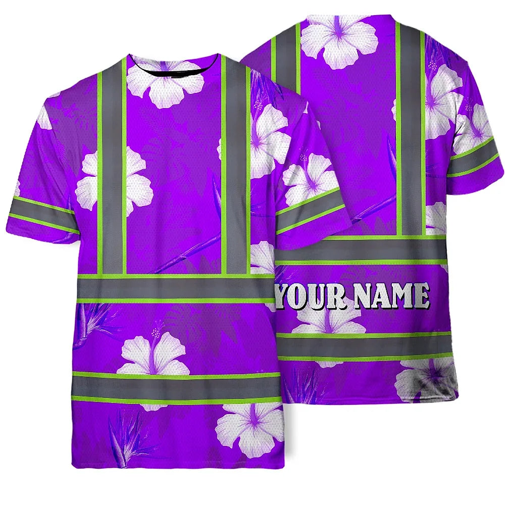 Hi Vis Shirt Reflective Tapes Violet Neon Custom Name Safety Workwear For Workers, Truckers, Operators