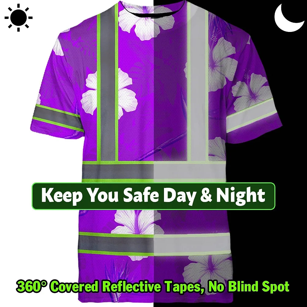 Hi Vis Shirt Reflective Tapes Violet Neon Custom Name Safety Workwear For Workers, Truckers, Operators