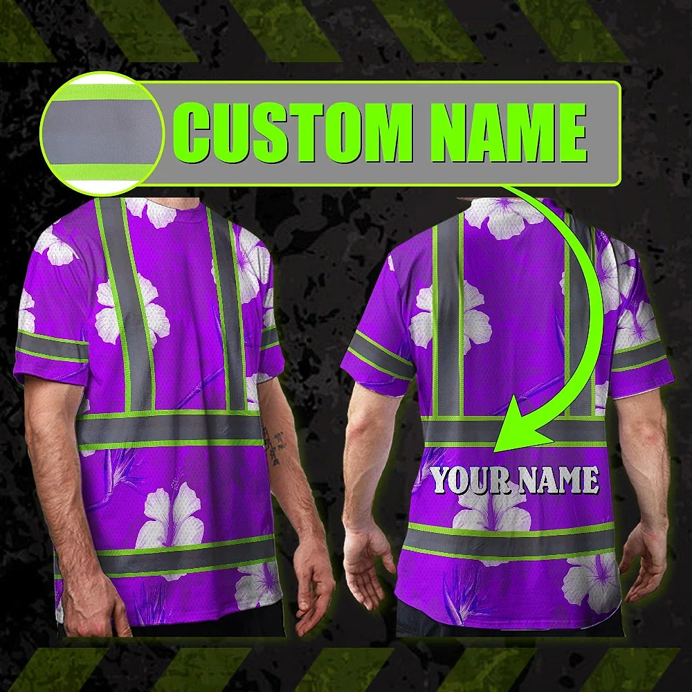 Hi Vis Shirt Reflective Tapes Violet Neon Custom Name Safety Workwear For Workers, Truckers, Operators