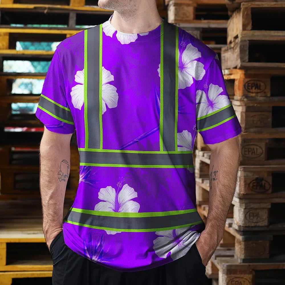 Hi Vis Shirt Reflective Tapes Violet Neon Custom Name Safety Workwear For Workers, Truckers, Operators