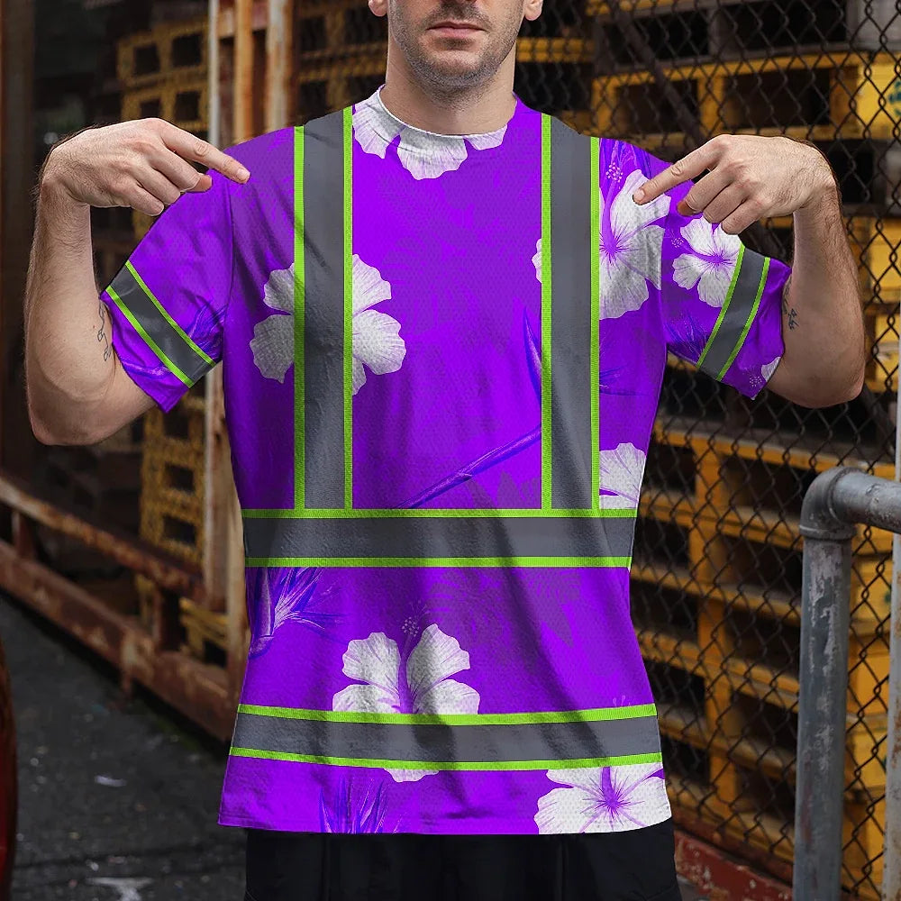 Hi Vis Shirt Reflective Tapes Violet Neon Custom Name Safety Workwear For Workers, Truckers, Operators