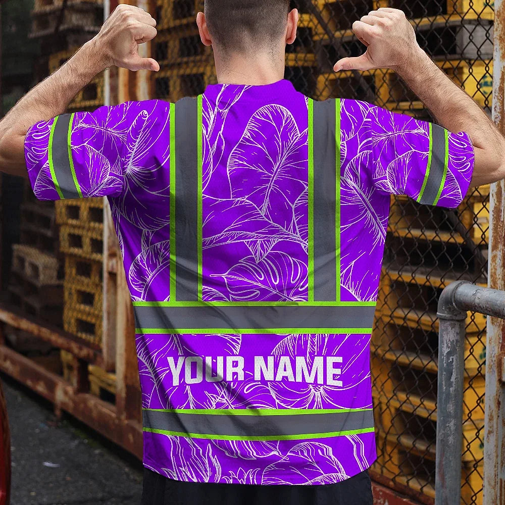 Hi Vis Shirt Reflective Tapes Violet Neon Flowers Custom Name Safety Workwear For Workers, Truckers, Operators