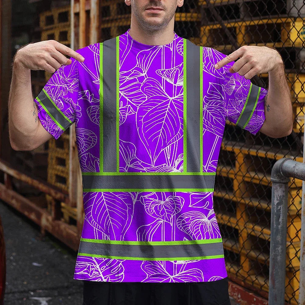 Hi Vis Shirt Reflective Tapes Violet Neon Flowers Custom Name Safety Workwear For Workers, Truckers, Operators