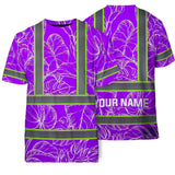 Hi Vis Shirt Reflective Tapes Violet Neon Flowers Custom Name Safety Workwear For Workers, Truckers, Operators