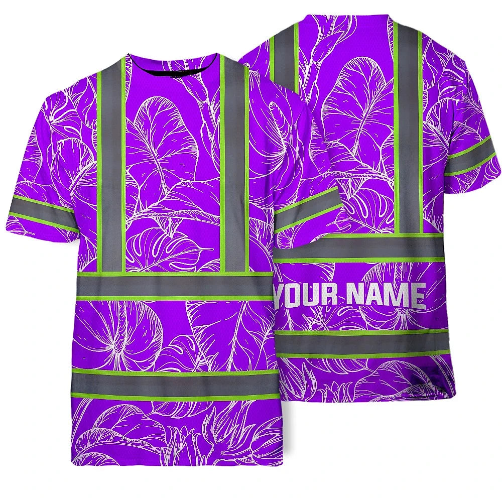Hi Vis Shirt Reflective Tapes Violet Neon Flowers Custom Name Safety Workwear For Workers, Truckers, Operators