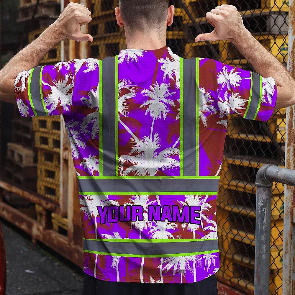 Hi Vis Shirt Reflective Tapes Violet Neon Flowers Custom Name Safety Workwear For Workers, Truckers, Operators