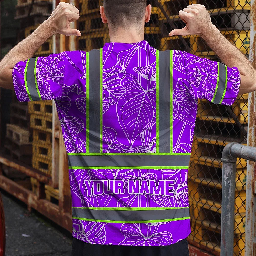 Hi Vis Shirt Reflective Tapes Violet Neon Flowers Custom Name Safety Workwear For Workers, Truckers, Operators