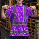 Hi Vis Shirt Reflective Tapes Violet Neon Flowers Custom Name Safety Workwear For Workers, Truckers, Operators