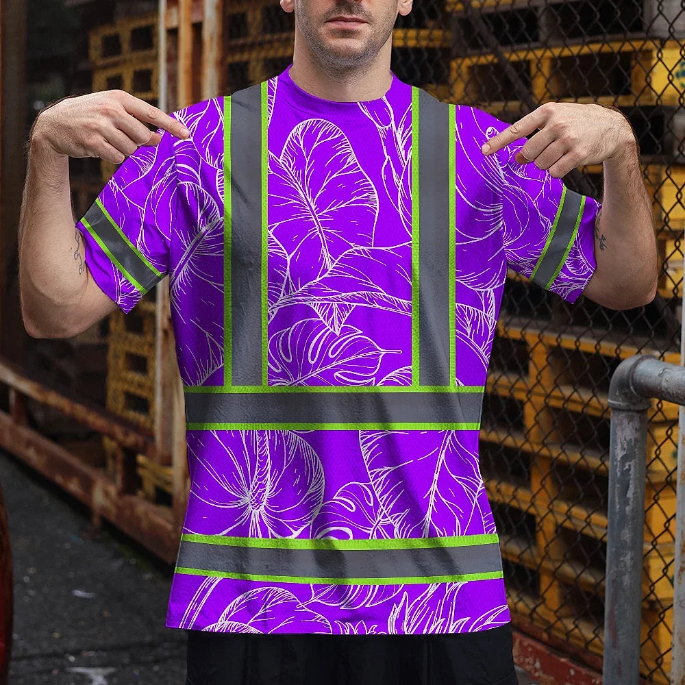 Hi Vis Shirt Reflective Tapes Violet Neon Flowers Custom Name Safety Workwear For Workers, Truckers, Operators