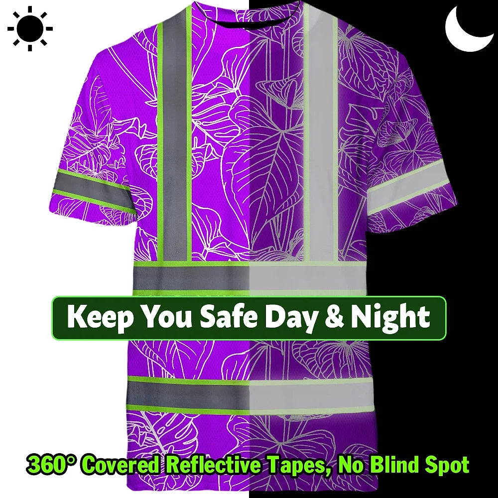 Hi Vis Shirt Reflective Tapes Violet Neon Flowers Custom Name Safety Workwear For Workers, Truckers, Operators