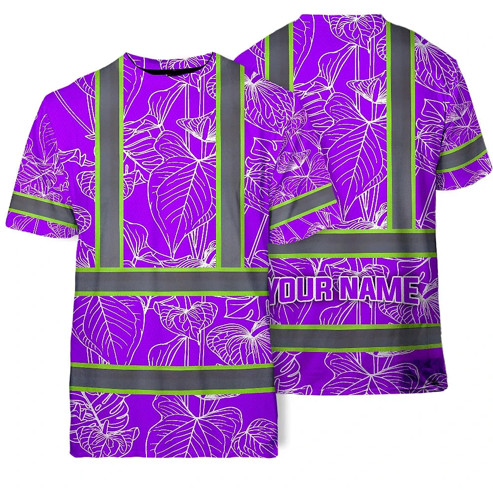Hi Vis Shirt Reflective Tapes Violet Neon Flowers Custom Name Safety Workwear For Workers, Truckers, Operators