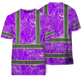 Hi Vis Shirt Reflective Tapes Violet Neon Flowers Custom Name Safety Workwear For Workers, Truckers, Operators