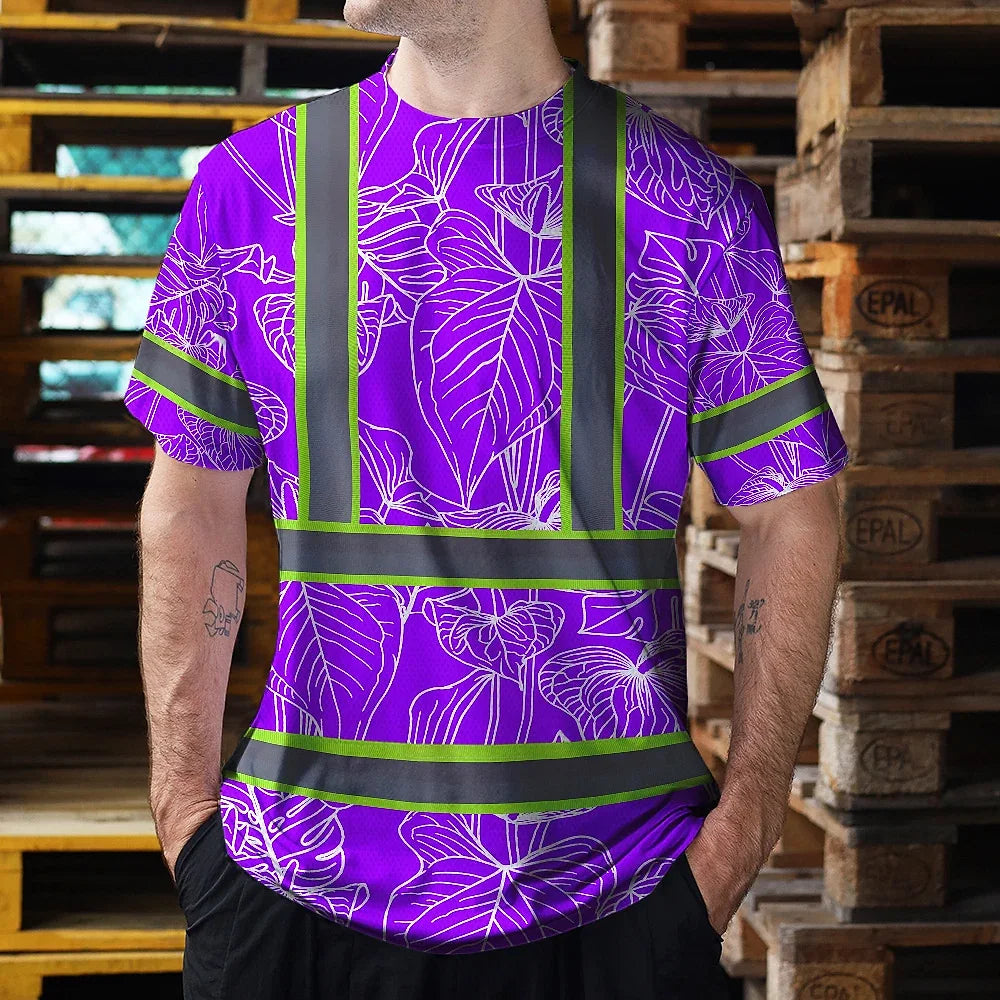 Hi Vis Shirt Reflective Tapes Violet Neon Flowers Custom Name Safety Workwear For Workers, Truckers, Operators
