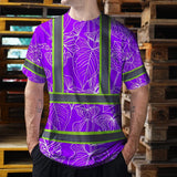 Hi Vis Shirt Reflective Tapes Violet Neon Flowers Custom Name Safety Workwear For Workers, Truckers, Operators