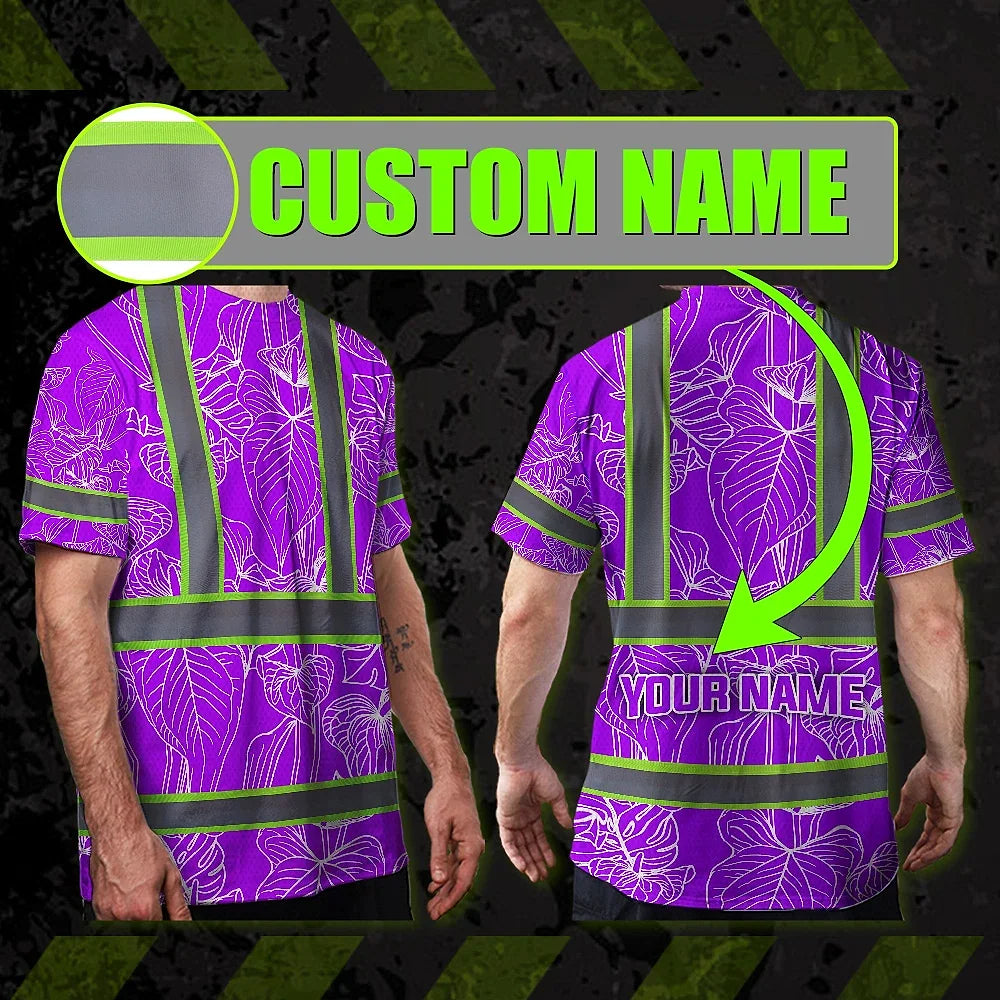Hi Vis Shirt Reflective Tapes Violet Neon Flowers Custom Name Safety Workwear For Workers, Truckers, Operators