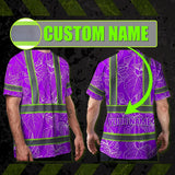 Hi Vis Shirt Reflective Tapes Violet Neon Flowers Custom Name Safety Workwear For Workers, Truckers, Operators