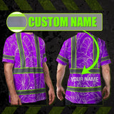 Hi Vis Shirt Reflective Tapes Violet Neon Flowers Custom Name Safety Workwear For Workers, Truckers, Operators