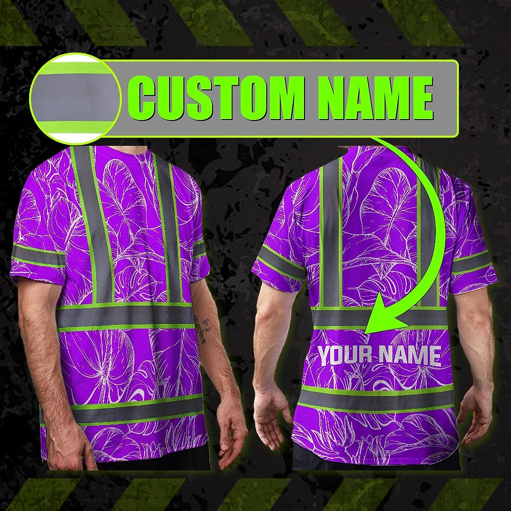 Hi Vis Shirt Reflective Tapes Violet Neon Flowers Custom Name Safety Workwear For Workers, Truckers, Operators