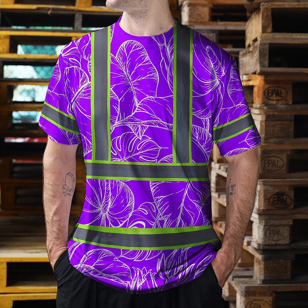 Hi Vis Shirt Reflective Tapes Violet Neon Flowers Custom Name Safety Workwear For Workers, Truckers, Operators