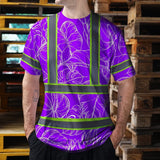 Hi Vis Shirt Reflective Tapes Violet Neon Flowers Custom Name Safety Workwear For Workers, Truckers, Operators