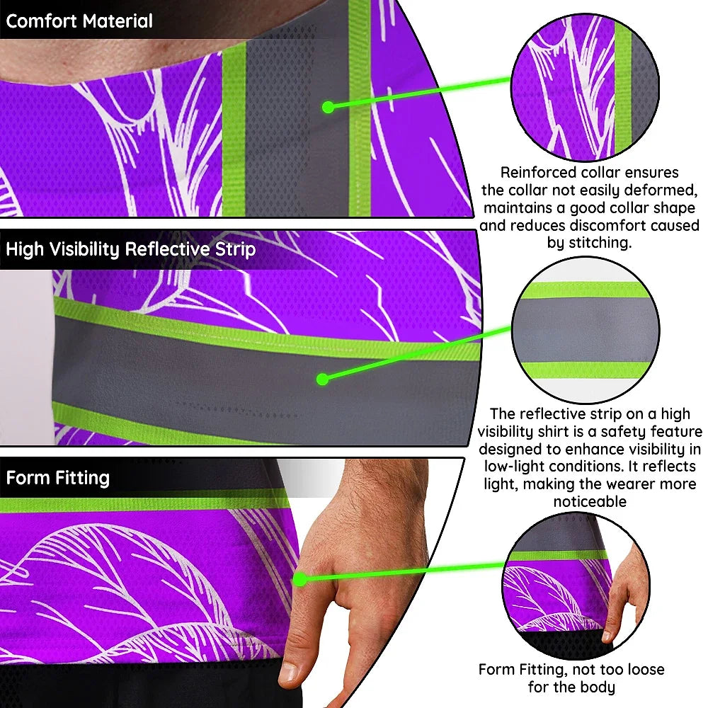 Hi Vis Shirt Reflective Tapes Violet Neon Flowers Custom Name Safety Workwear For Workers, Truckers, Operators
