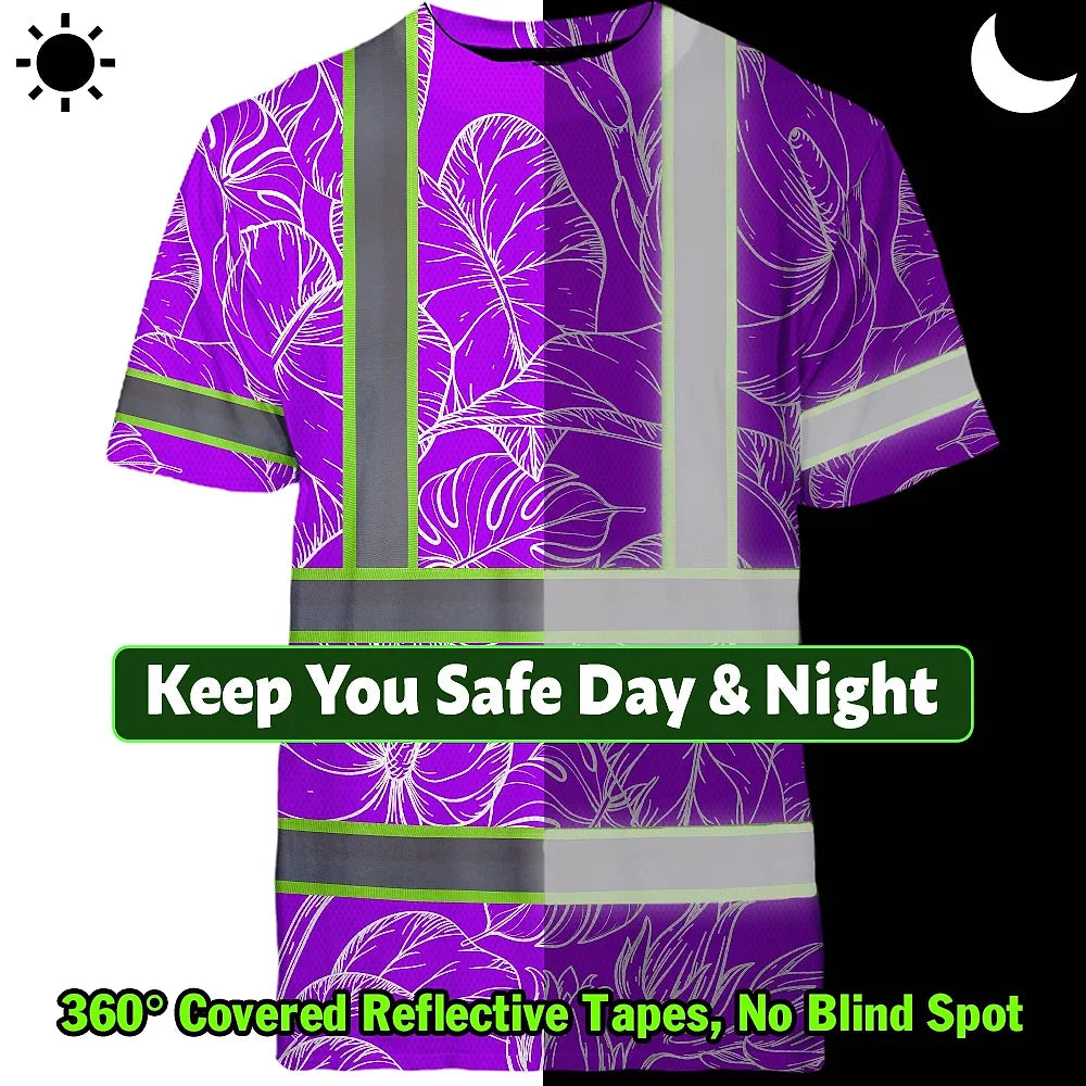 Hi Vis Shirt Reflective Tapes Violet Neon Flowers Custom Name Safety Workwear For Workers, Truckers, Operators