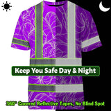 Hi Vis Shirt Reflective Tapes Violet Neon Flowers Custom Name Safety Workwear For Workers, Truckers, Operators