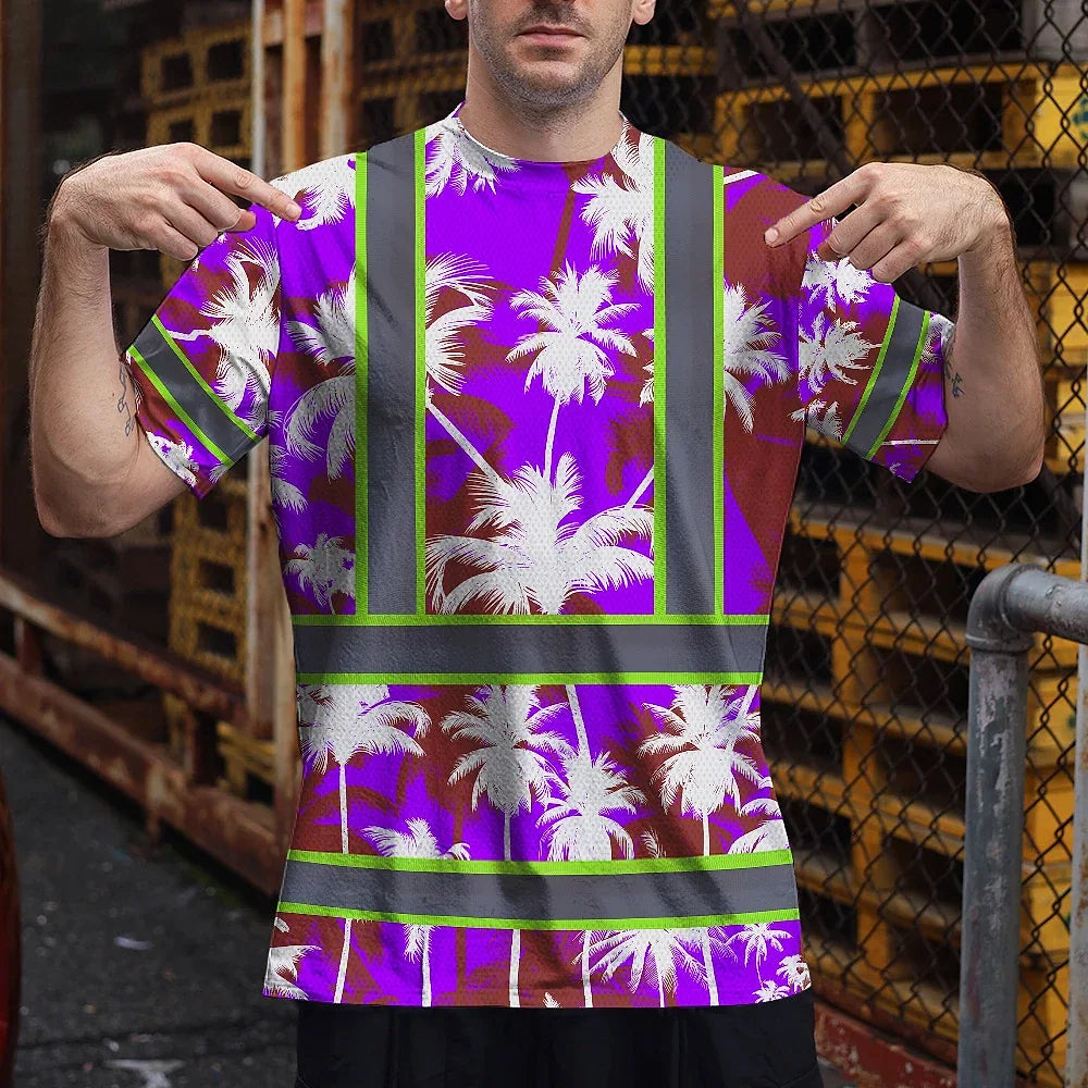Hi Vis Shirt Reflective Tapes Violet Neon Flowers Custom Name Safety Workwear For Workers, Truckers, Operators