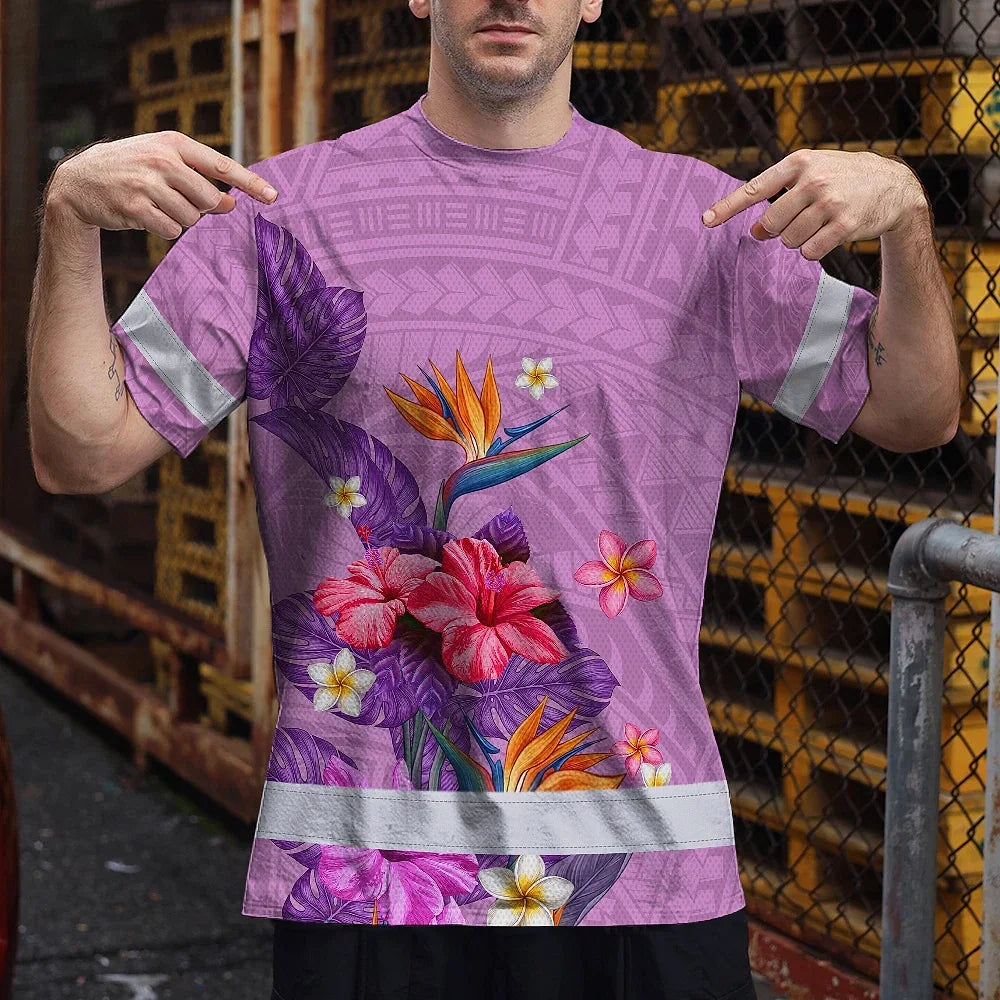 Hi Vis Shirt Reflective Tapes Violet Neon Polynesian And Flowers Custom Name Safety Workwear For Workers, Truckers, Operators