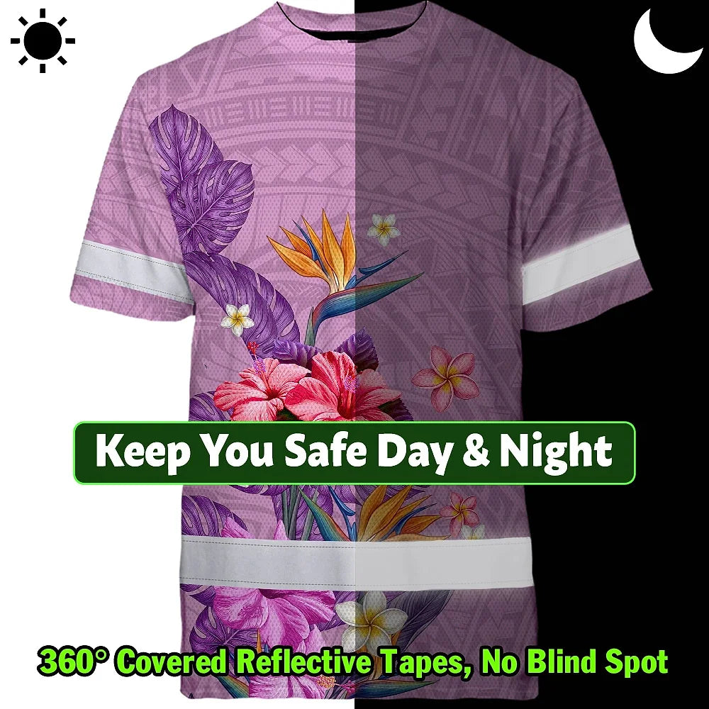 Hi Vis Shirt Reflective Tapes Violet Neon Polynesian And Flowers Custom Name Safety Workwear For Workers, Truckers, Operators