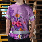 Hi Vis Shirt Reflective Tapes Violet Neon Polynesian And Flowers Custom Name Safety Workwear For Workers, Truckers, Operators