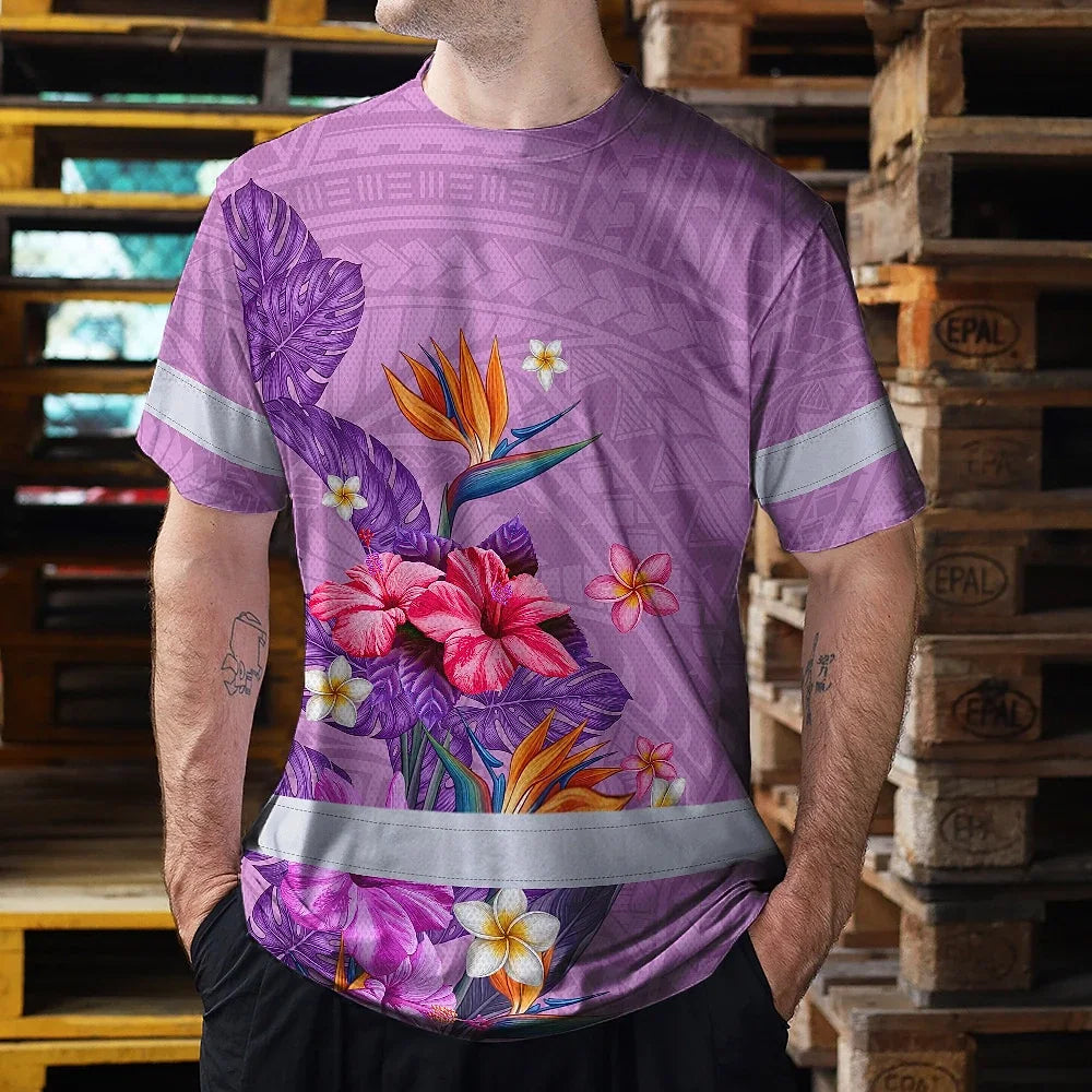 Hi Vis Shirt Reflective Tapes Violet Neon Polynesian And Flowers Custom Name Safety Workwear For Workers, Truckers, Operators
