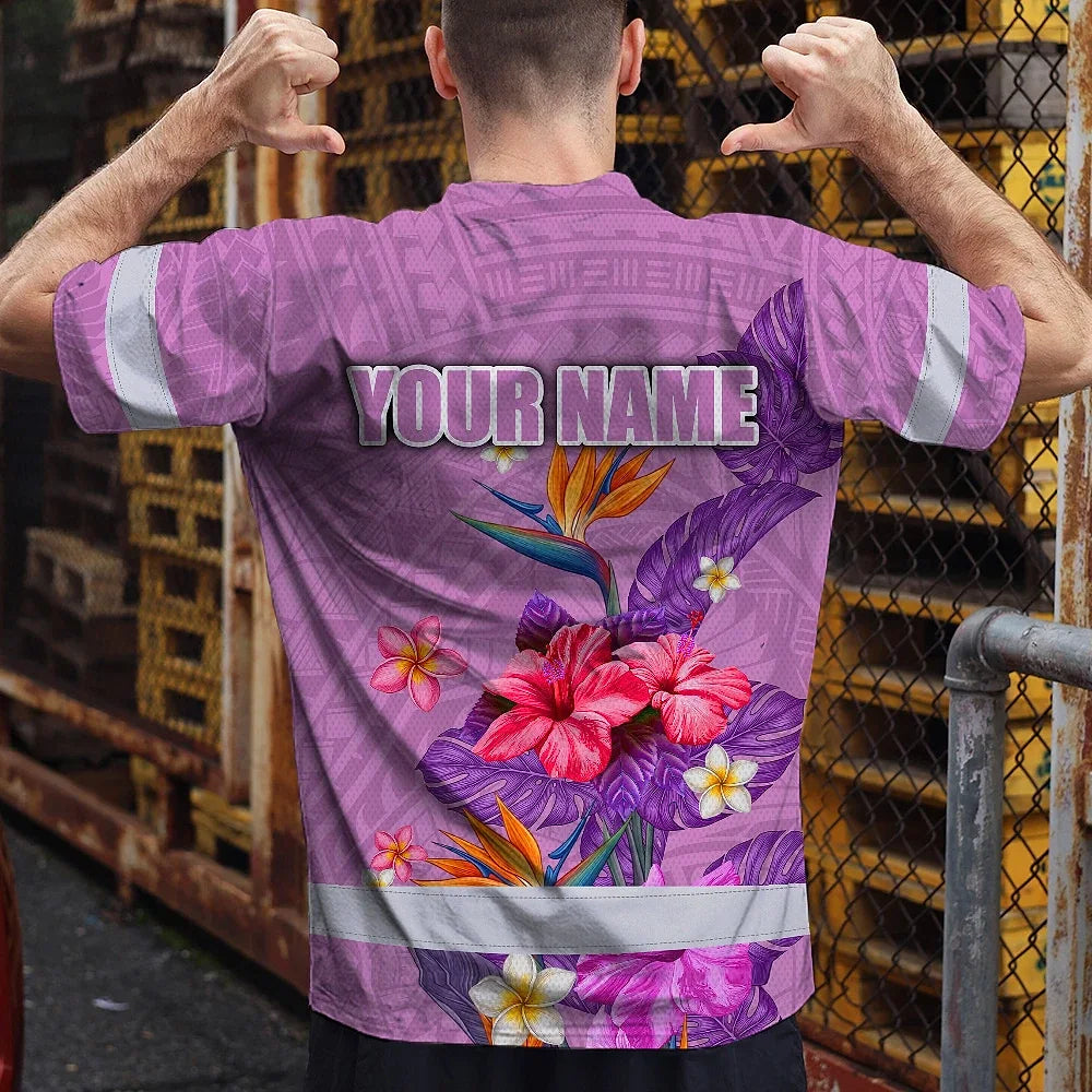 Hi Vis Shirt Reflective Tapes Violet Neon Polynesian And Flowers Custom Name Safety Workwear For Workers, Truckers, Operators