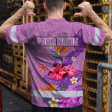 Hi Vis Shirt Reflective Tapes Violet Neon Polynesian And Flowers Custom Name Safety Workwear For Workers, Truckers, Operators